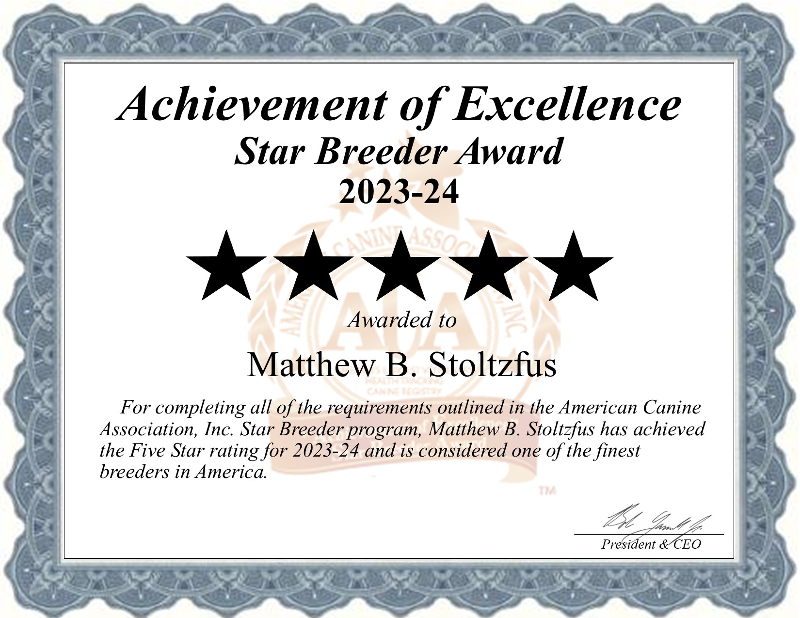 Matthew B. Stoltzfus dog breeder certificate